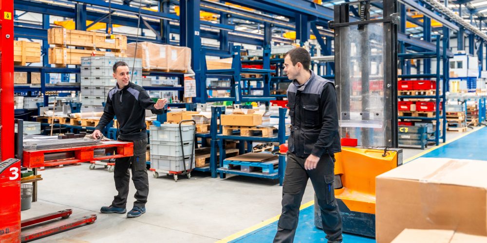 Team of warehouse using automated equipment and handling workers in a modern logistic factory
