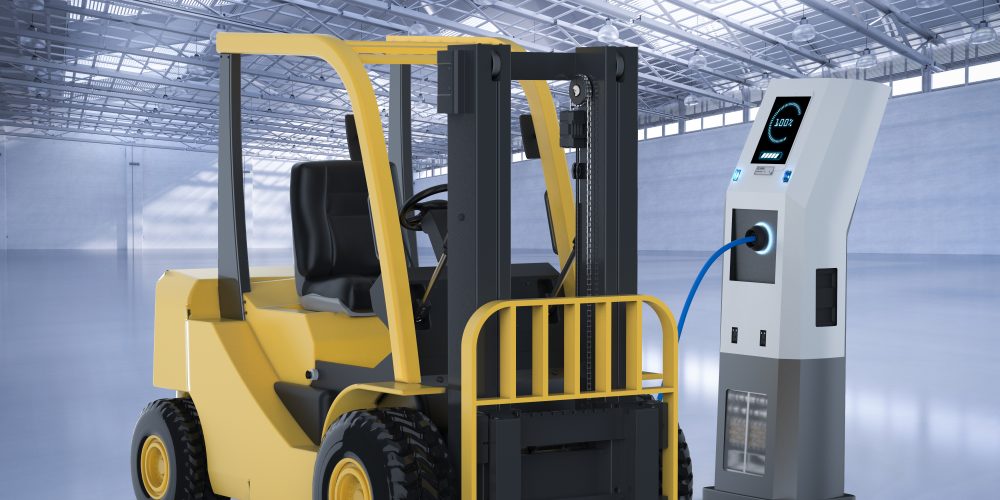 3d rendering forklift truck charges with electric charging station