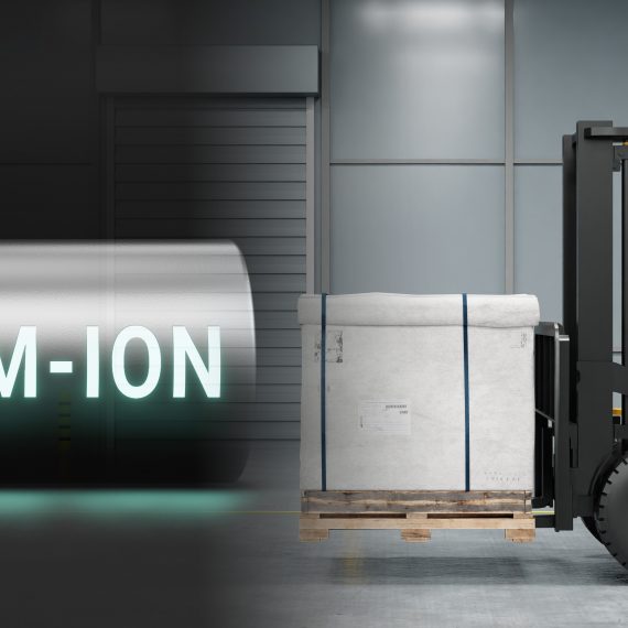 lithium-ion-battery-with-fully-charged-power-level-3d-rendering-li-ion-neon-energy-storage-device-power-charging-technology-illustration-concept-forklift-truck-warehouse-moving-loading-cardboard-pallet-box-with-copy-space-background