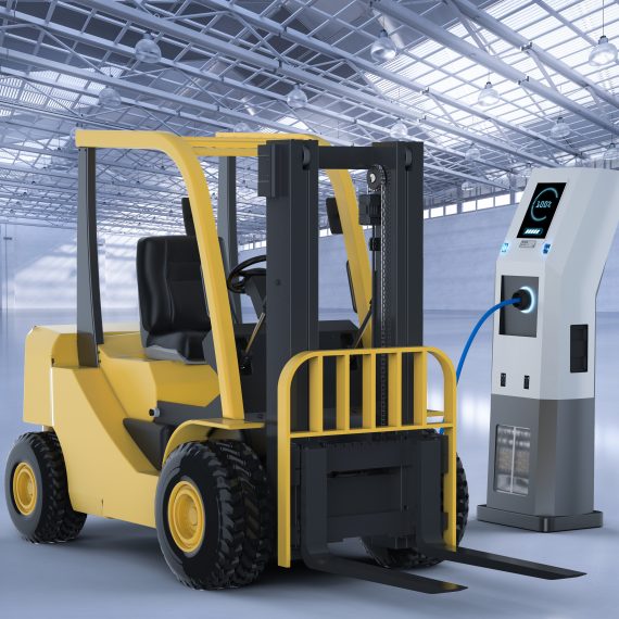3d rendering forklift truck charges with electric charging station